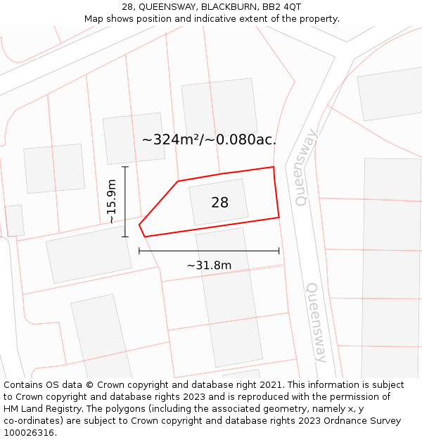 28, QUEENSWAY, BLACKBURN, BB2 4QT: Plot and title map