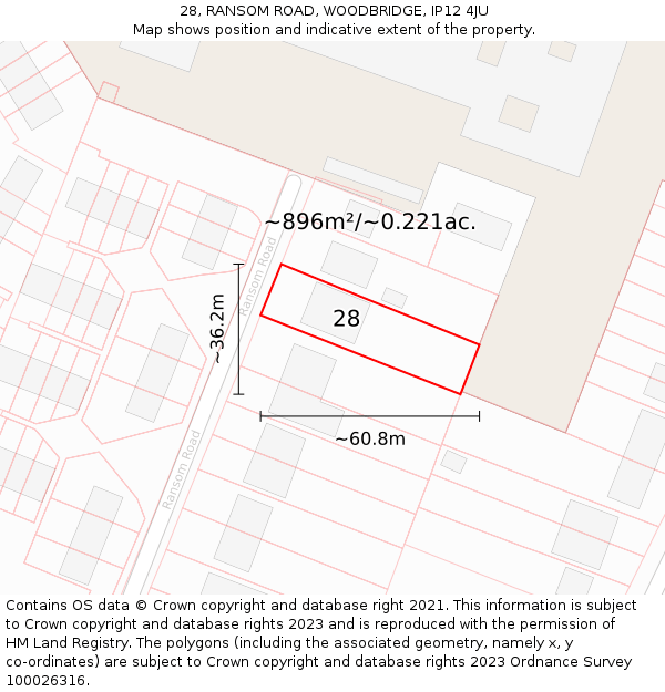 28, RANSOM ROAD, WOODBRIDGE, IP12 4JU: Plot and title map