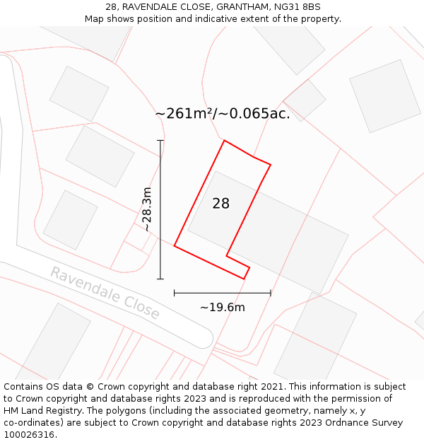 28, RAVENDALE CLOSE, GRANTHAM, NG31 8BS: Plot and title map