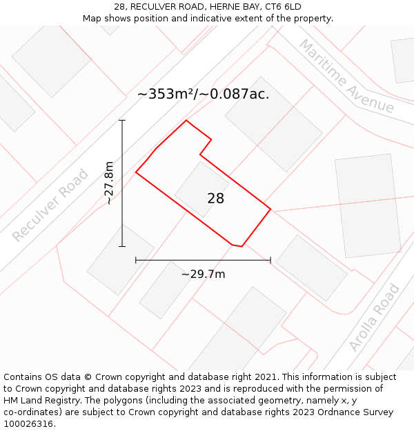 28, RECULVER ROAD, HERNE BAY, CT6 6LD: Plot and title map