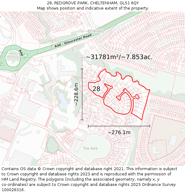 28, REDGROVE PARK, CHELTENHAM, GL51 6QY: Plot and title map