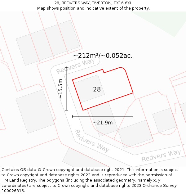 28, REDVERS WAY, TIVERTON, EX16 6XL: Plot and title map