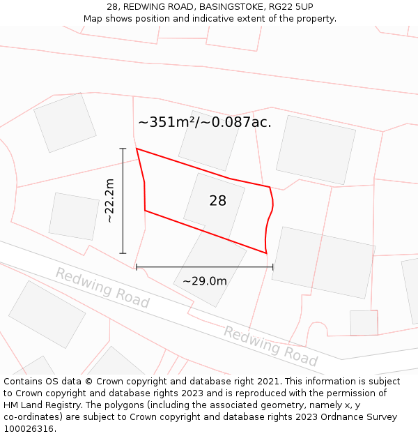 28, REDWING ROAD, BASINGSTOKE, RG22 5UP: Plot and title map