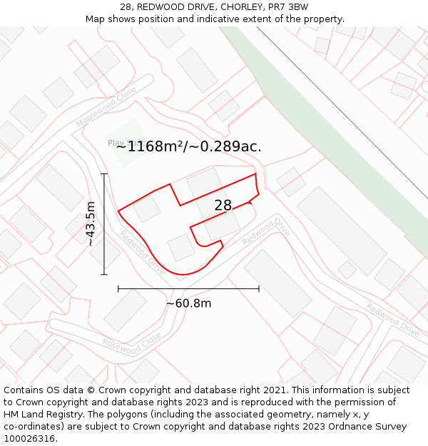 28, REDWOOD DRIVE, CHORLEY, PR7 3BW: Plot and title map