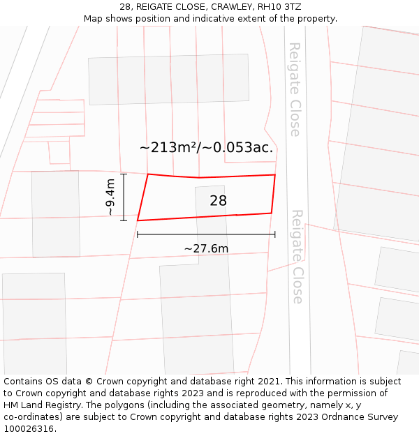 28, REIGATE CLOSE, CRAWLEY, RH10 3TZ: Plot and title map