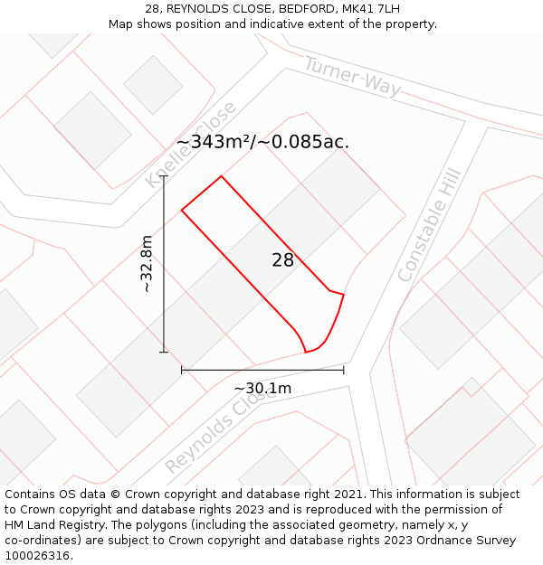 28, REYNOLDS CLOSE, BEDFORD, MK41 7LH: Plot and title map