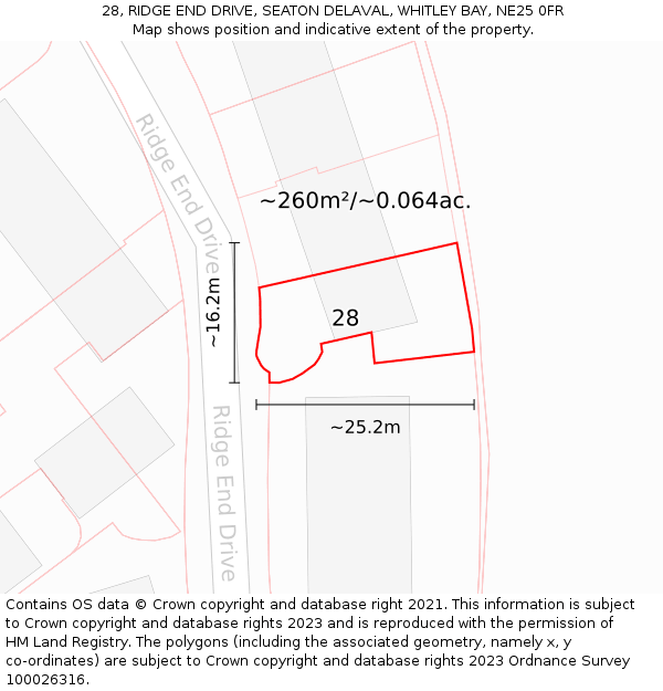 28, RIDGE END DRIVE, SEATON DELAVAL, WHITLEY BAY, NE25 0FR: Plot and title map