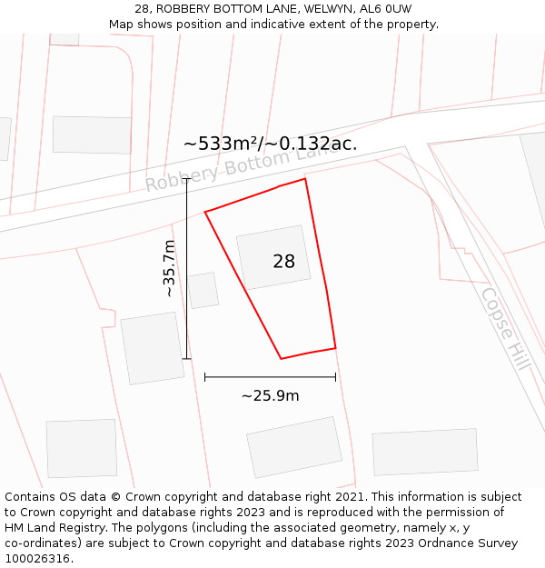 28, ROBBERY BOTTOM LANE, WELWYN, AL6 0UW: Plot and title map