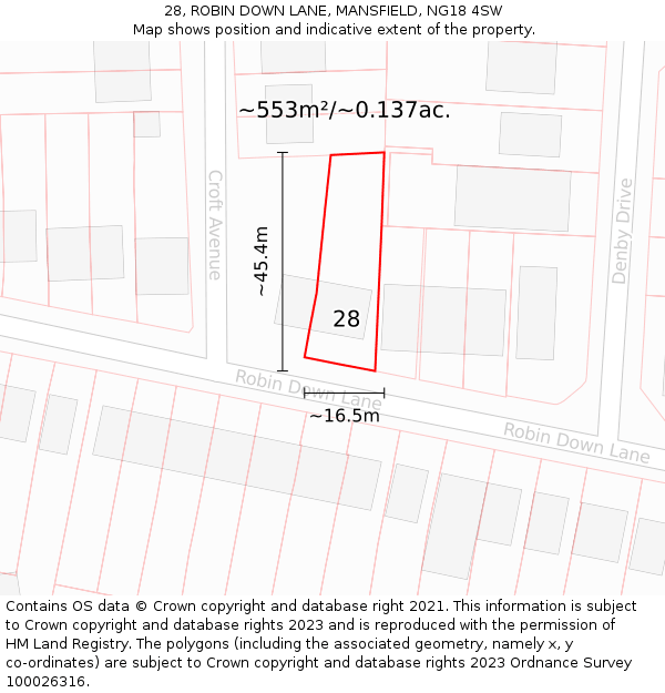 28, ROBIN DOWN LANE, MANSFIELD, NG18 4SW: Plot and title map