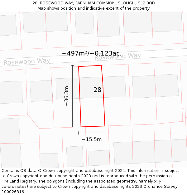 28, ROSEWOOD WAY, FARNHAM COMMON, SLOUGH, SL2 3QD: Plot and title map