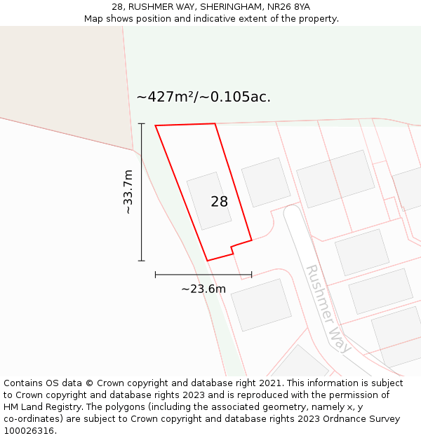 28, RUSHMER WAY, SHERINGHAM, NR26 8YA: Plot and title map