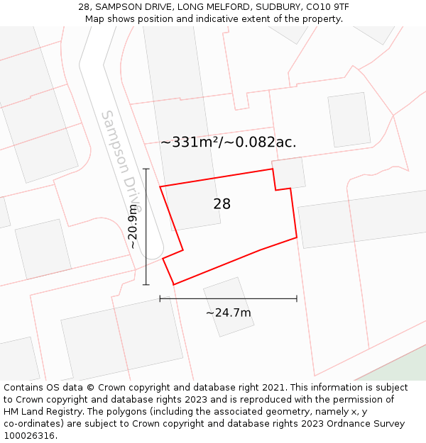 28, SAMPSON DRIVE, LONG MELFORD, SUDBURY, CO10 9TF: Plot and title map