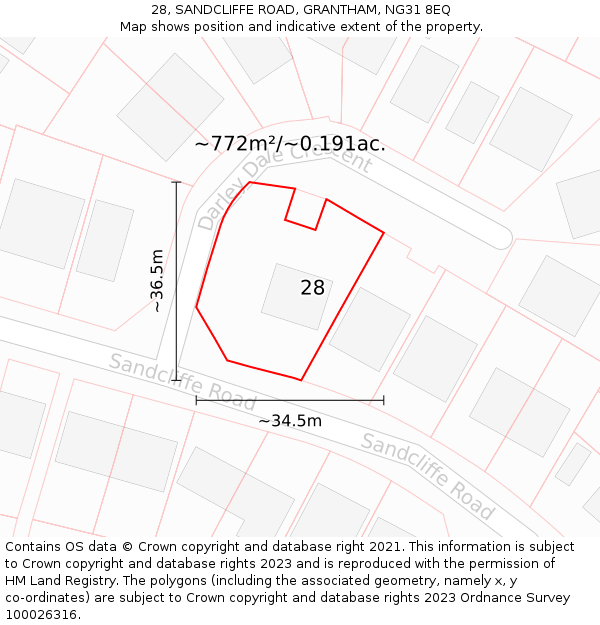 28, SANDCLIFFE ROAD, GRANTHAM, NG31 8EQ: Plot and title map