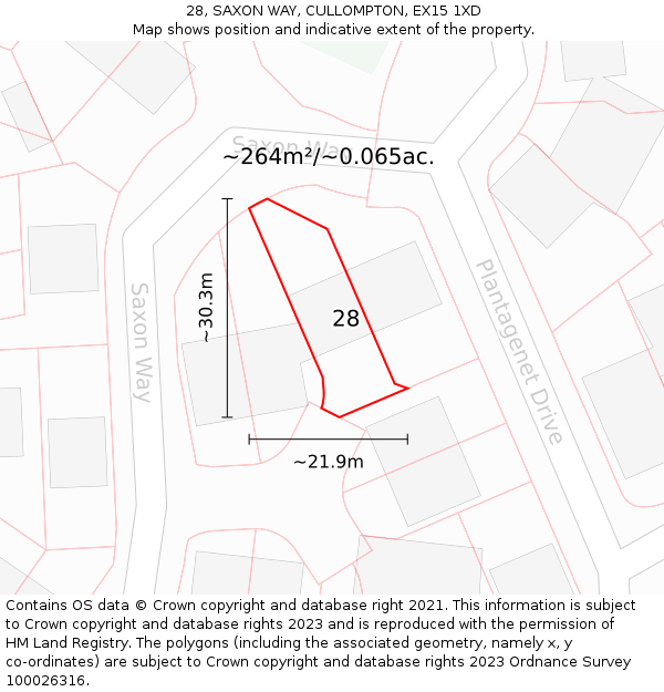 28, SAXON WAY, CULLOMPTON, EX15 1XD: Plot and title map