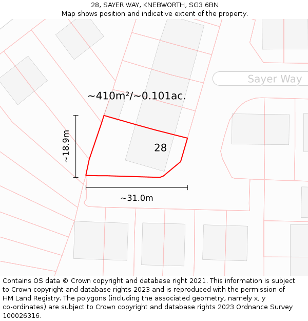 28, SAYER WAY, KNEBWORTH, SG3 6BN: Plot and title map
