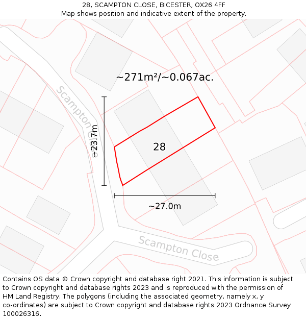 28, SCAMPTON CLOSE, BICESTER, OX26 4FF: Plot and title map