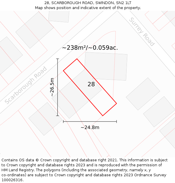 28, SCARBOROUGH ROAD, SWINDON, SN2 1LT: Plot and title map