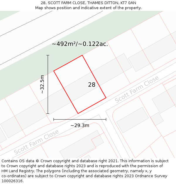 28, SCOTT FARM CLOSE, THAMES DITTON, KT7 0AN: Plot and title map