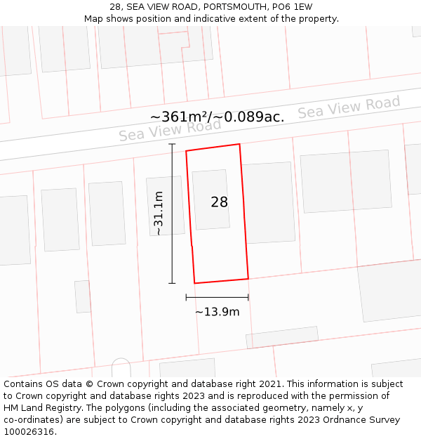 28, SEA VIEW ROAD, PORTSMOUTH, PO6 1EW: Plot and title map