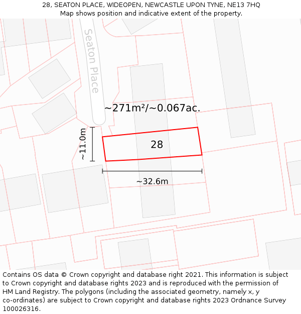 28, SEATON PLACE, WIDEOPEN, NEWCASTLE UPON TYNE, NE13 7HQ: Plot and title map