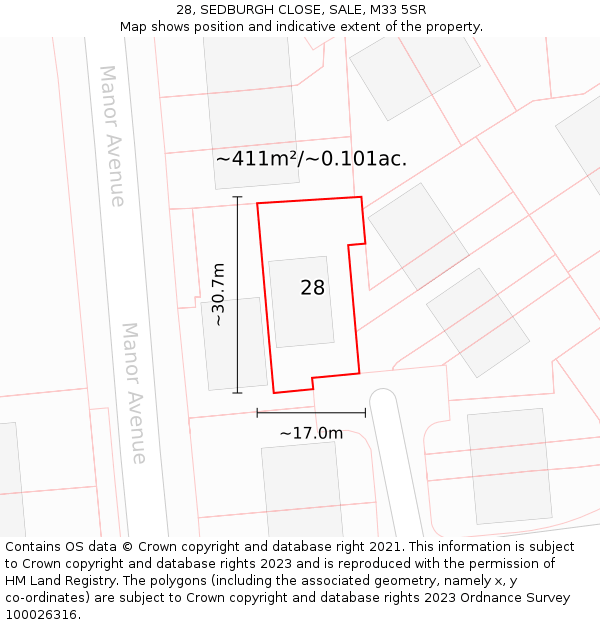 28, SEDBURGH CLOSE, SALE, M33 5SR: Plot and title map