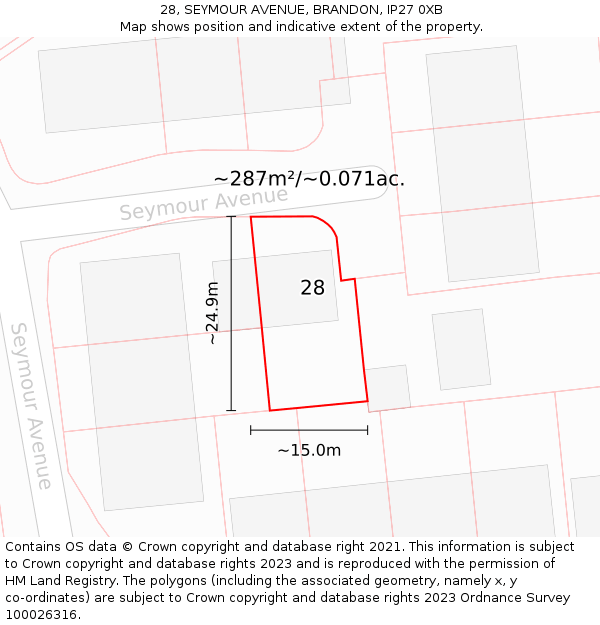 28, SEYMOUR AVENUE, BRANDON, IP27 0XB: Plot and title map