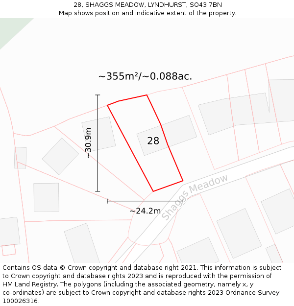 28, SHAGGS MEADOW, LYNDHURST, SO43 7BN: Plot and title map