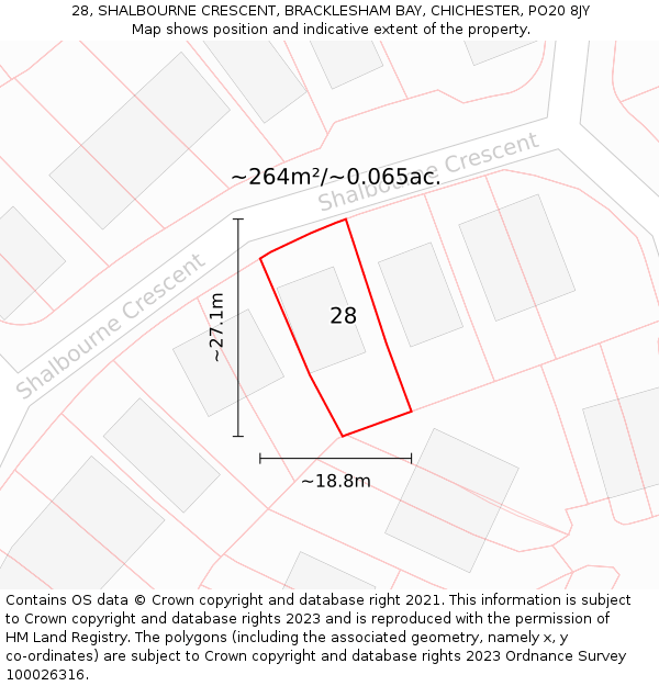 28, SHALBOURNE CRESCENT, BRACKLESHAM BAY, CHICHESTER, PO20 8JY: Plot and title map