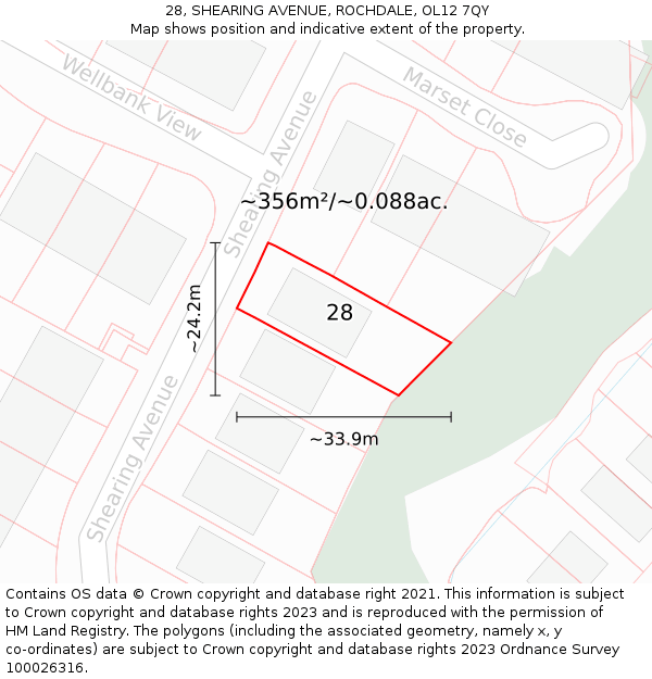 28, SHEARING AVENUE, ROCHDALE, OL12 7QY: Plot and title map