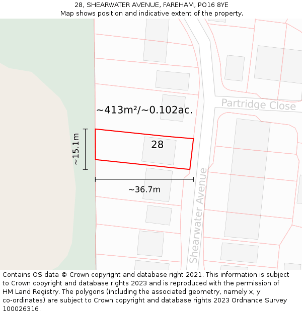 28, SHEARWATER AVENUE, FAREHAM, PO16 8YE: Plot and title map