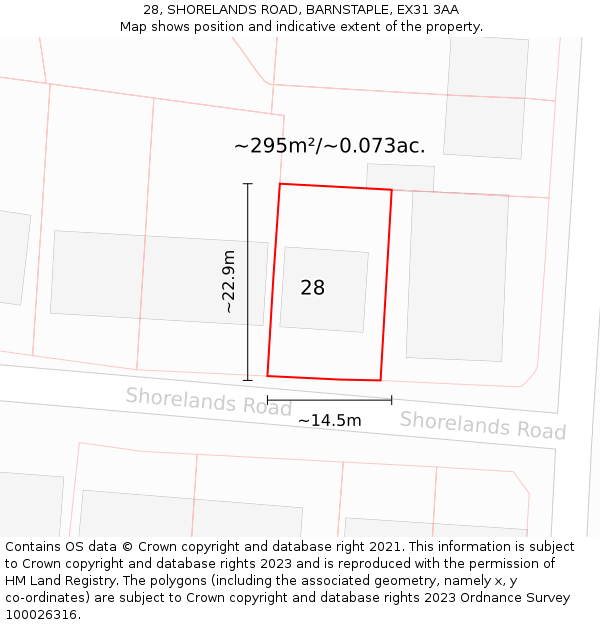 28, SHORELANDS ROAD, BARNSTAPLE, EX31 3AA: Plot and title map