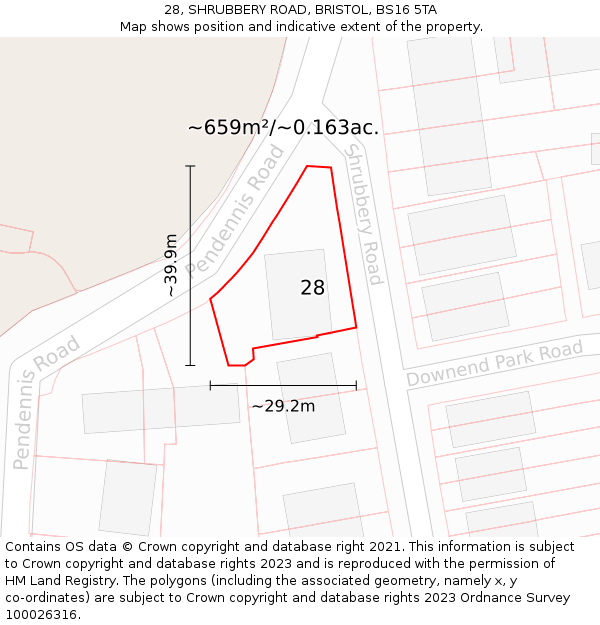 28, SHRUBBERY ROAD, BRISTOL, BS16 5TA: Plot and title map