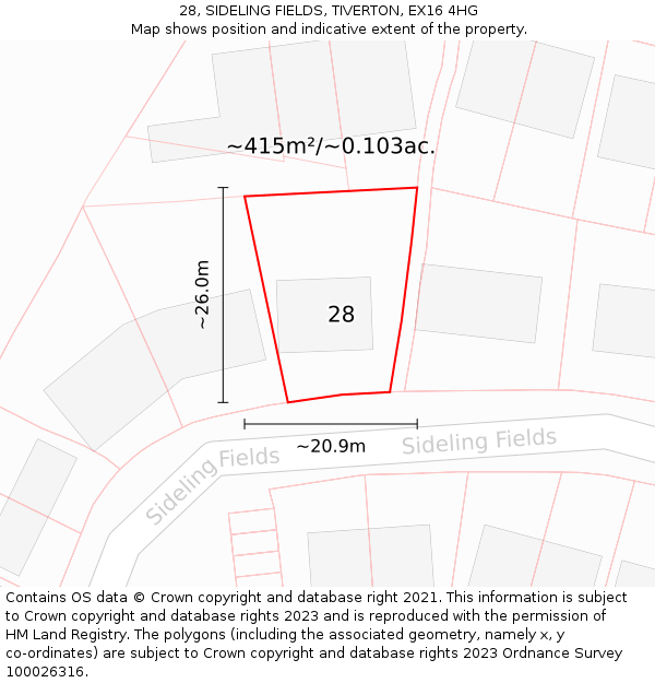 28, SIDELING FIELDS, TIVERTON, EX16 4HG: Plot and title map