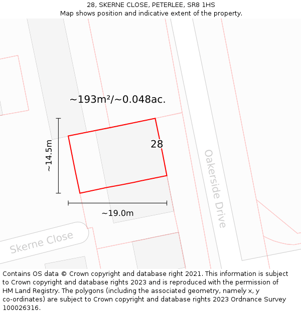 28, SKERNE CLOSE, PETERLEE, SR8 1HS: Plot and title map