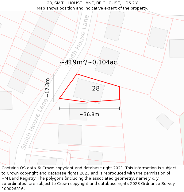 28, SMITH HOUSE LANE, BRIGHOUSE, HD6 2JY: Plot and title map