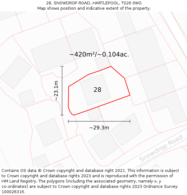 28, SNOWDROP ROAD, HARTLEPOOL, TS26 0WG: Plot and title map