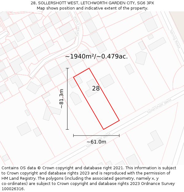 28, SOLLERSHOTT WEST, LETCHWORTH GARDEN CITY, SG6 3PX: Plot and title map