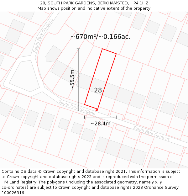 28, SOUTH PARK GARDENS, BERKHAMSTED, HP4 1HZ: Plot and title map