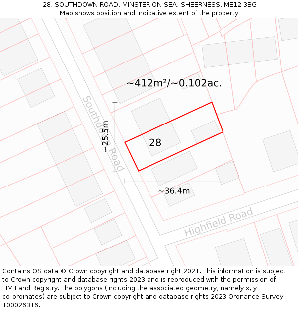 28, SOUTHDOWN ROAD, MINSTER ON SEA, SHEERNESS, ME12 3BG: Plot and title map