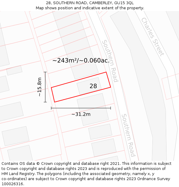 28, SOUTHERN ROAD, CAMBERLEY, GU15 3QL: Plot and title map