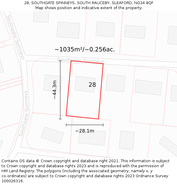 28, SOUTHGATE SPINNEYS, SOUTH RAUCEBY, SLEAFORD, NG34 8QF: Plot and title map