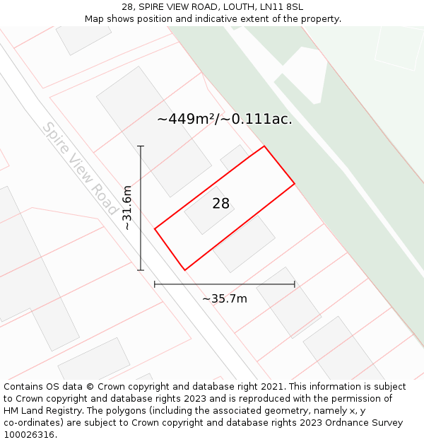 28, SPIRE VIEW ROAD, LOUTH, LN11 8SL: Plot and title map