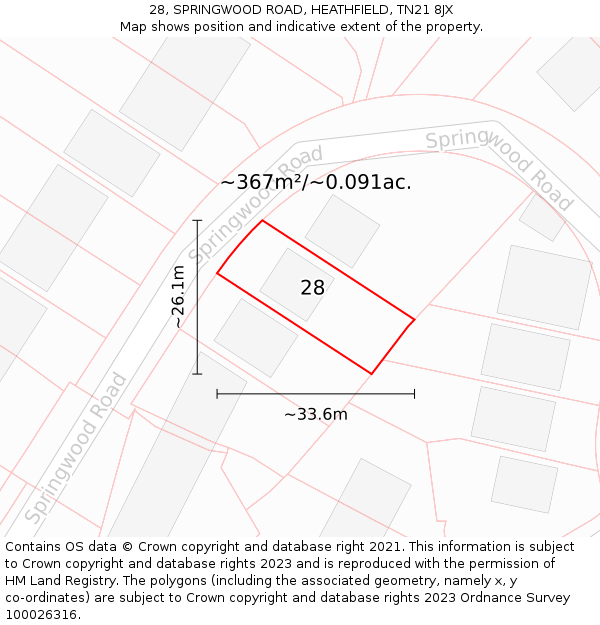 28, SPRINGWOOD ROAD, HEATHFIELD, TN21 8JX: Plot and title map