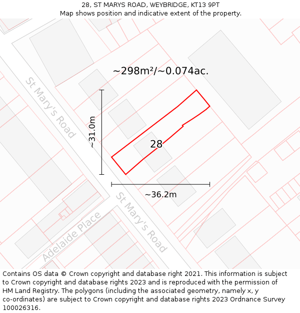 28, ST MARYS ROAD, WEYBRIDGE, KT13 9PT: Plot and title map