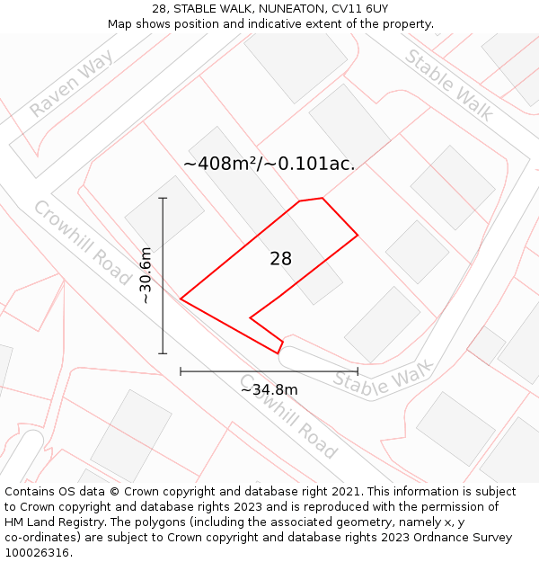 28, STABLE WALK, NUNEATON, CV11 6UY: Plot and title map