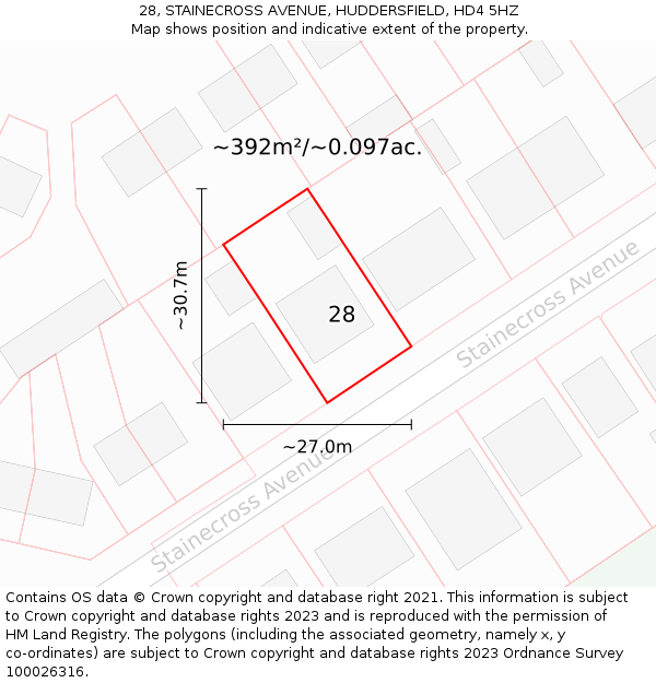 28, STAINECROSS AVENUE, HUDDERSFIELD, HD4 5HZ: Plot and title map