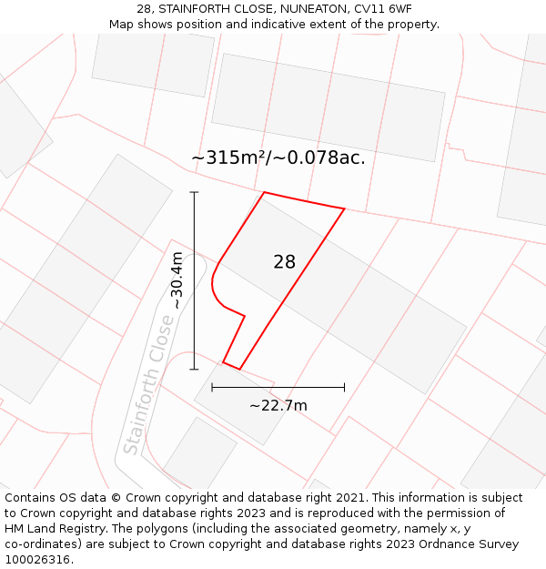 28, STAINFORTH CLOSE, NUNEATON, CV11 6WF: Plot and title map