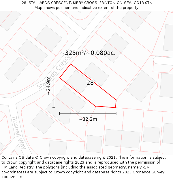 28, STALLARDS CRESCENT, KIRBY CROSS, FRINTON-ON-SEA, CO13 0TN: Plot and title map