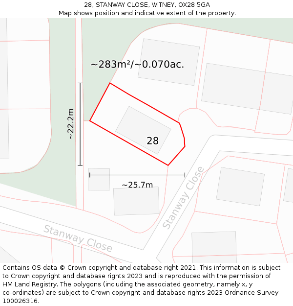 28, STANWAY CLOSE, WITNEY, OX28 5GA: Plot and title map