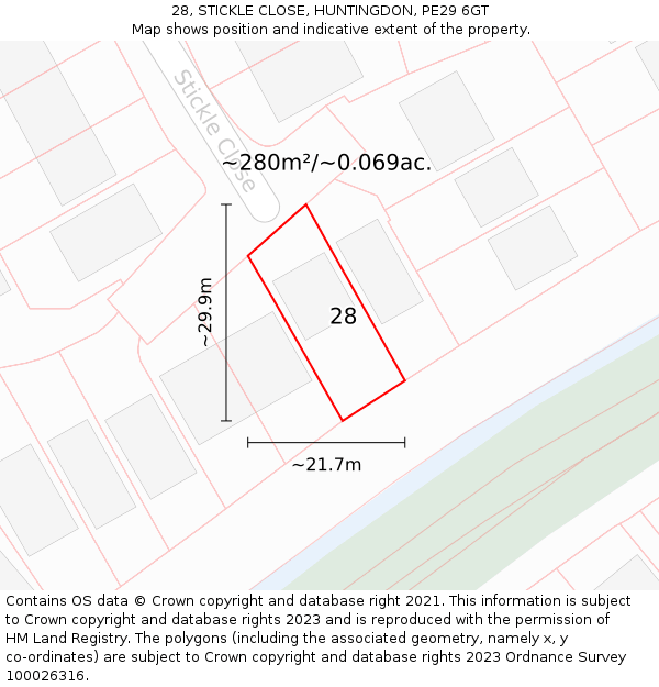 28, STICKLE CLOSE, HUNTINGDON, PE29 6GT: Plot and title map